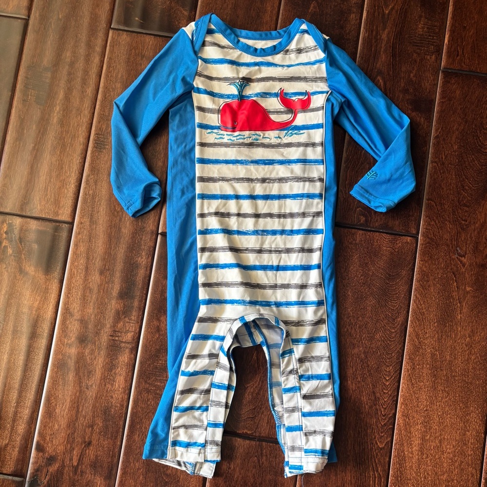 Blue & White Striped Kids Long-Sleeve Swim Suit with Red Whale